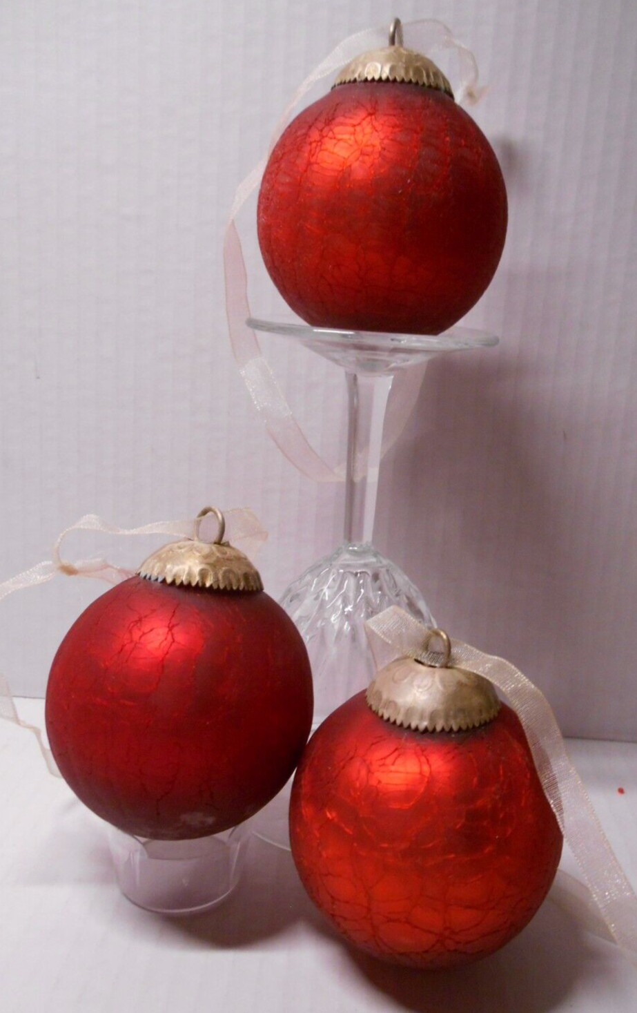 Lot of 3 RED Vintage Kugel Heavy Frosted Crackle Glass 3” Christmas Ornaments