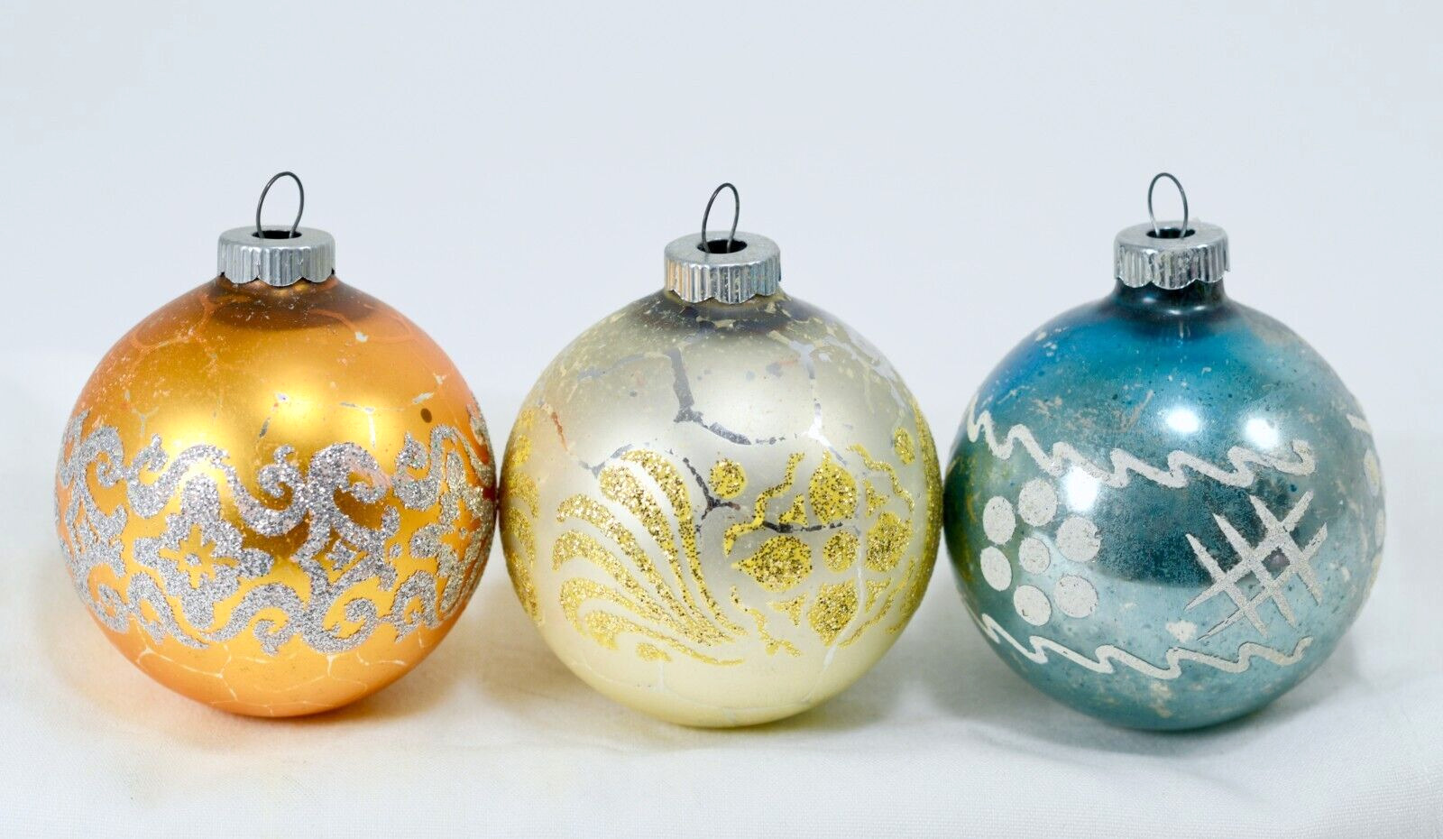 3 Vintage Shiny Brite Mercury Glass Christmas Ornaments Stencils Mica Glitter