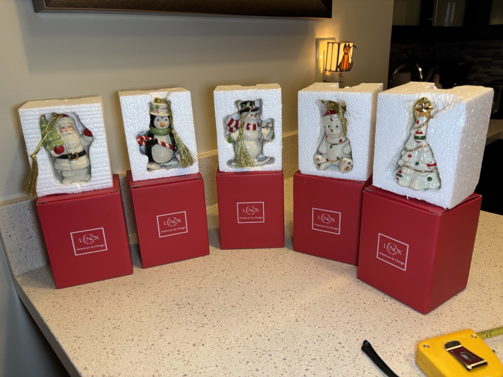 LENOX Very Merry Christmas Set 5 Porcelain Ornaments Bear Tree Penguin Santa Ski