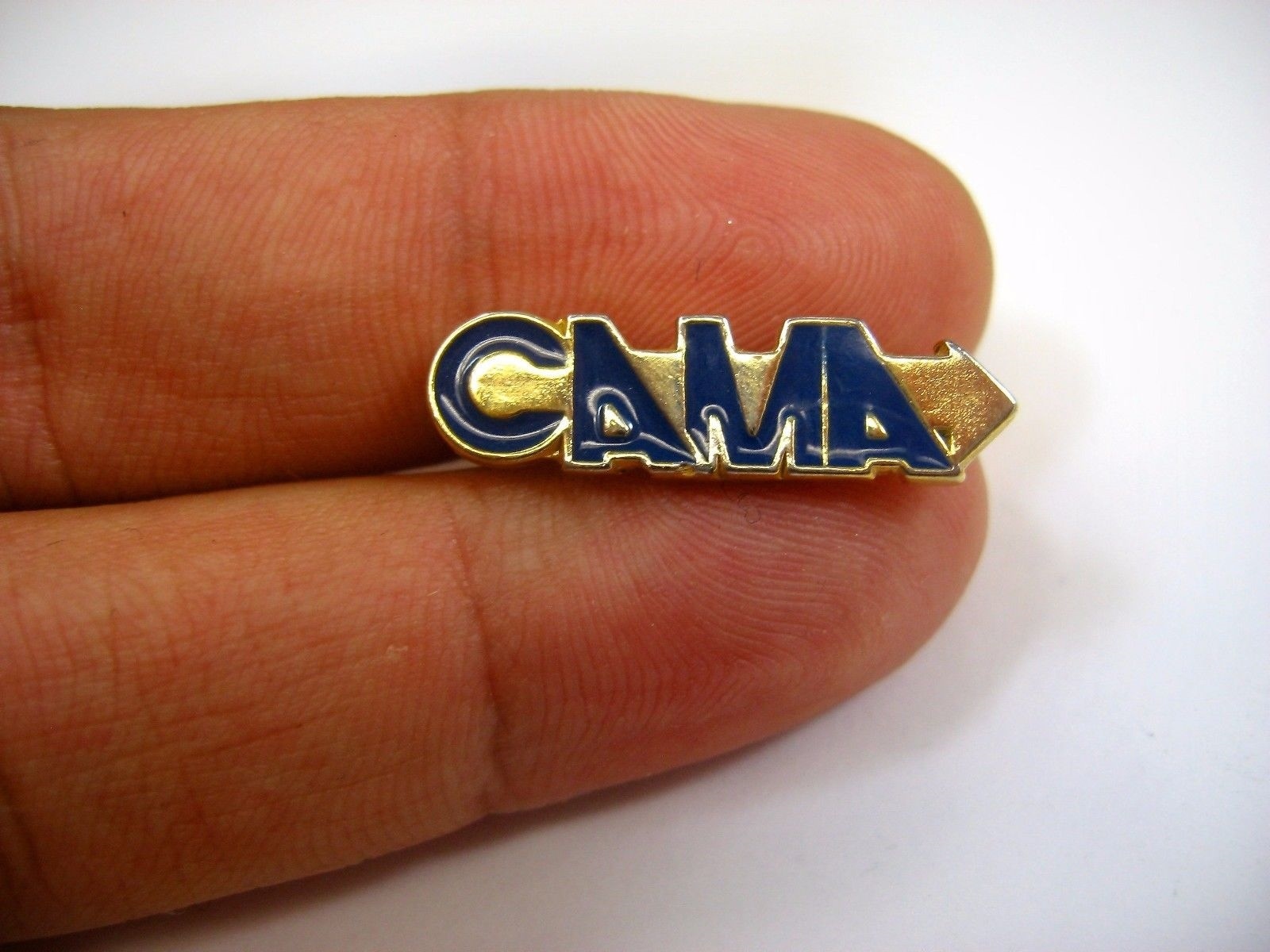 Vintage CAMA Arrow Logo Pin Blue Enamel Gold Tone Lapel Hat Tie Tack Advertising