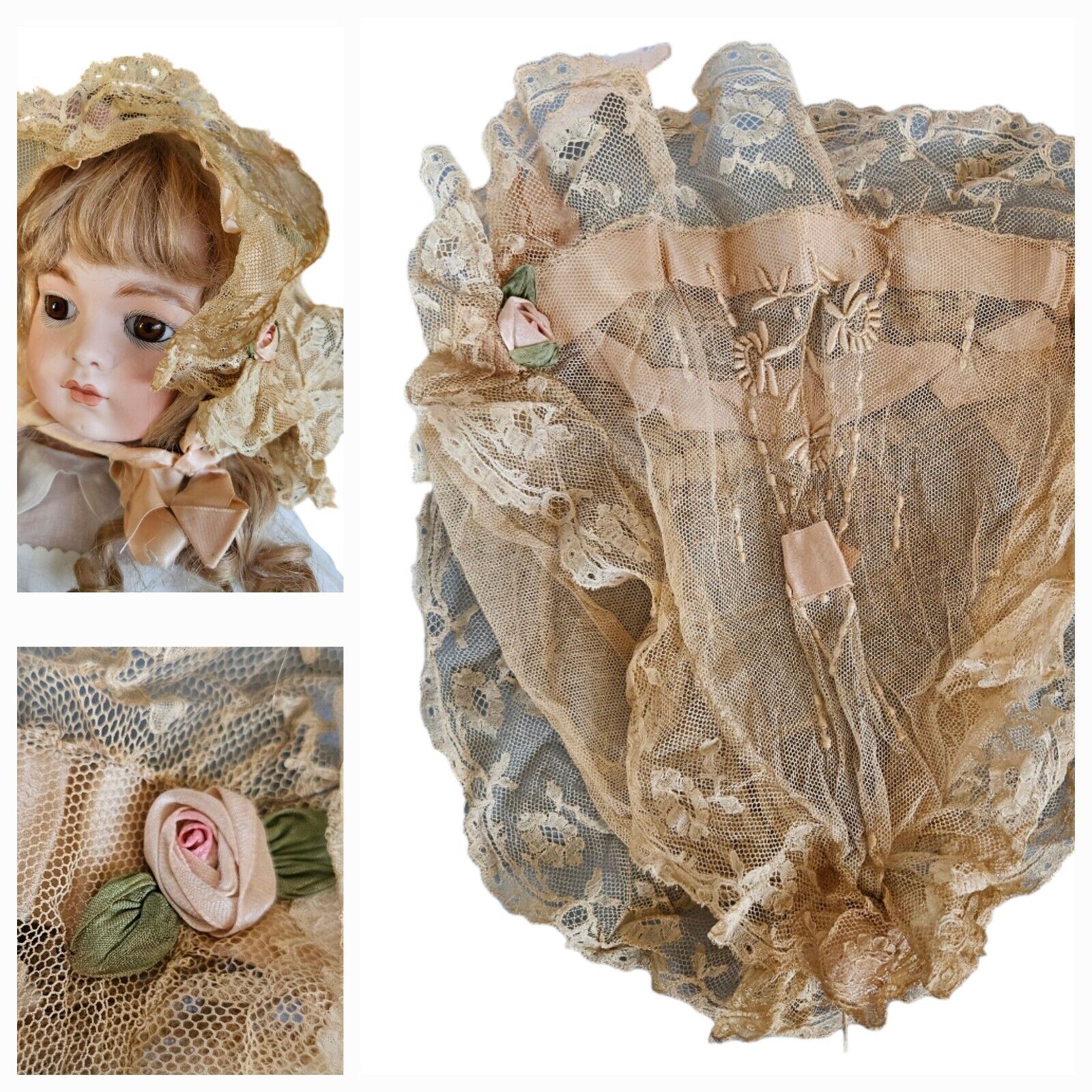Antique Lace Reticule Purse Silk Ribbon Work Flowers Rose for Doll Bonnet Crafts