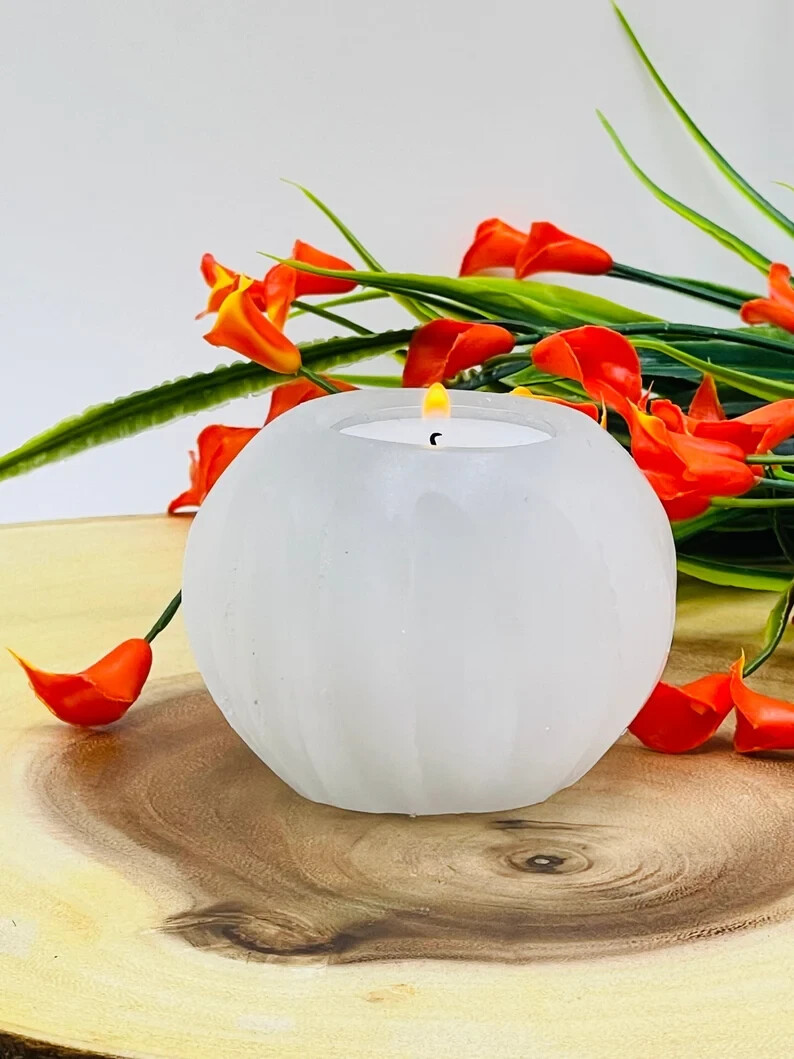 Selenite Crystal Votive Candle Holder , Sphere Shape Tea Light Holder, 3.5 Inch