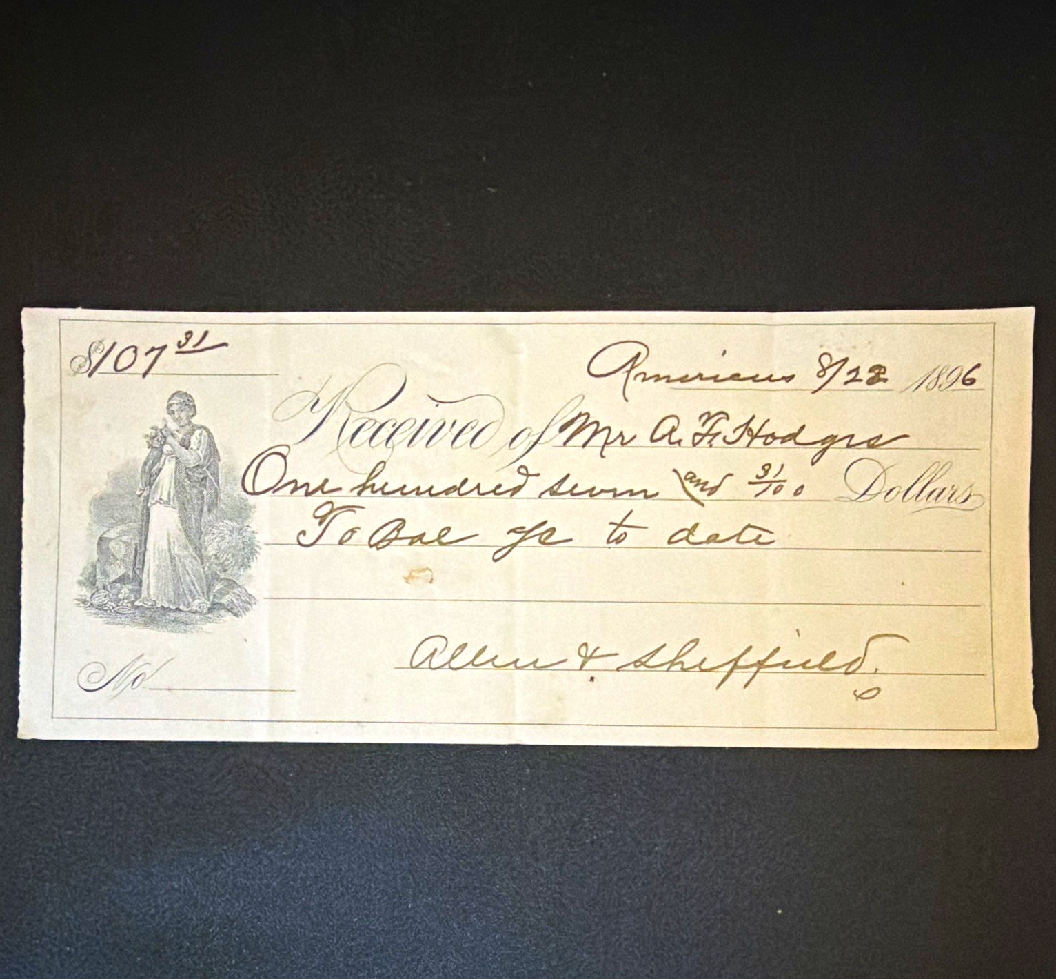 1896 Handwritten Receipt Document August 22, 1896 $107.31 Signed Allen Sheffield