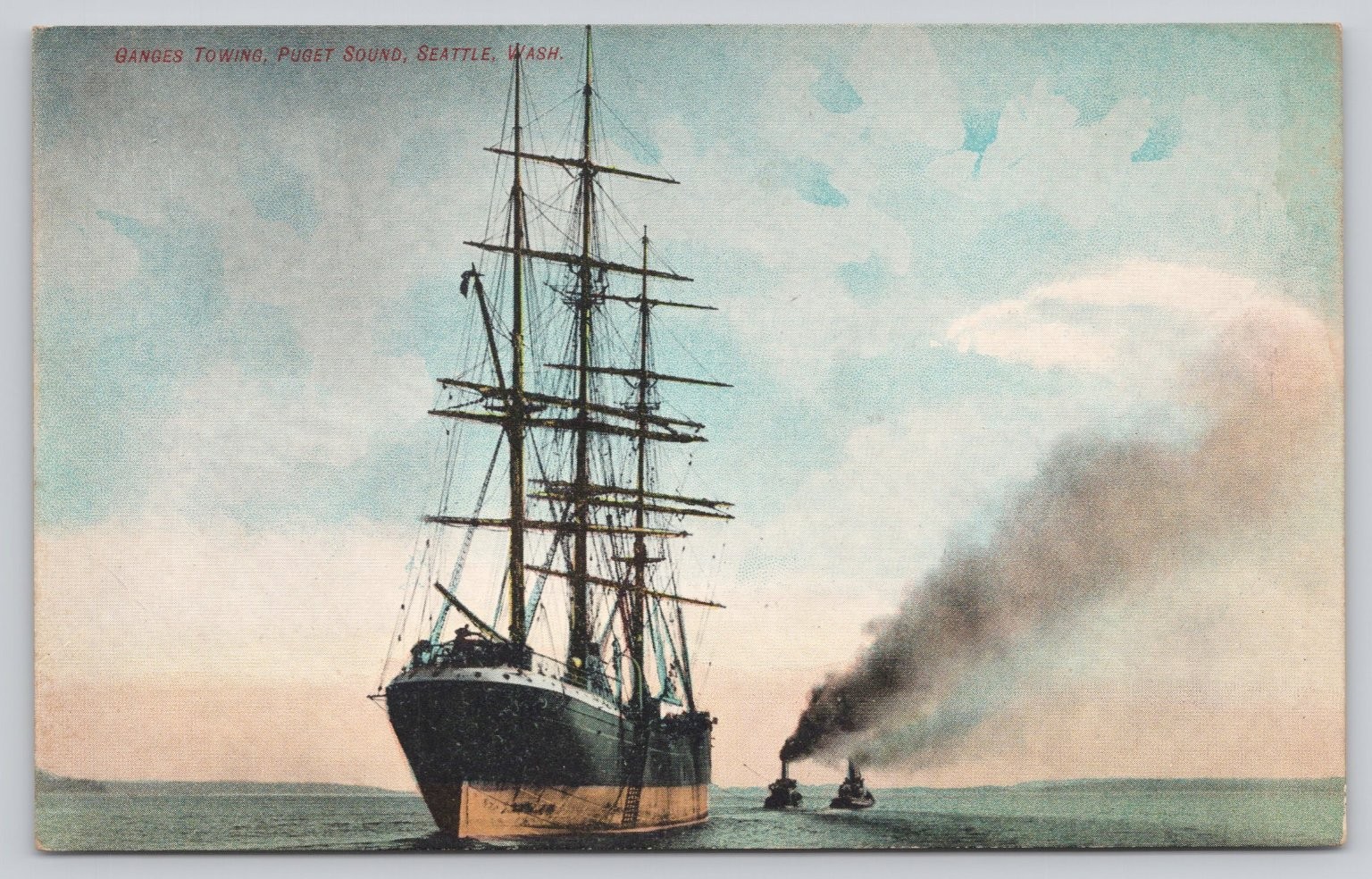 Ganges Ship Towing Puget Sound Seattle WA Vintage Postcard c1910 AH Publisher