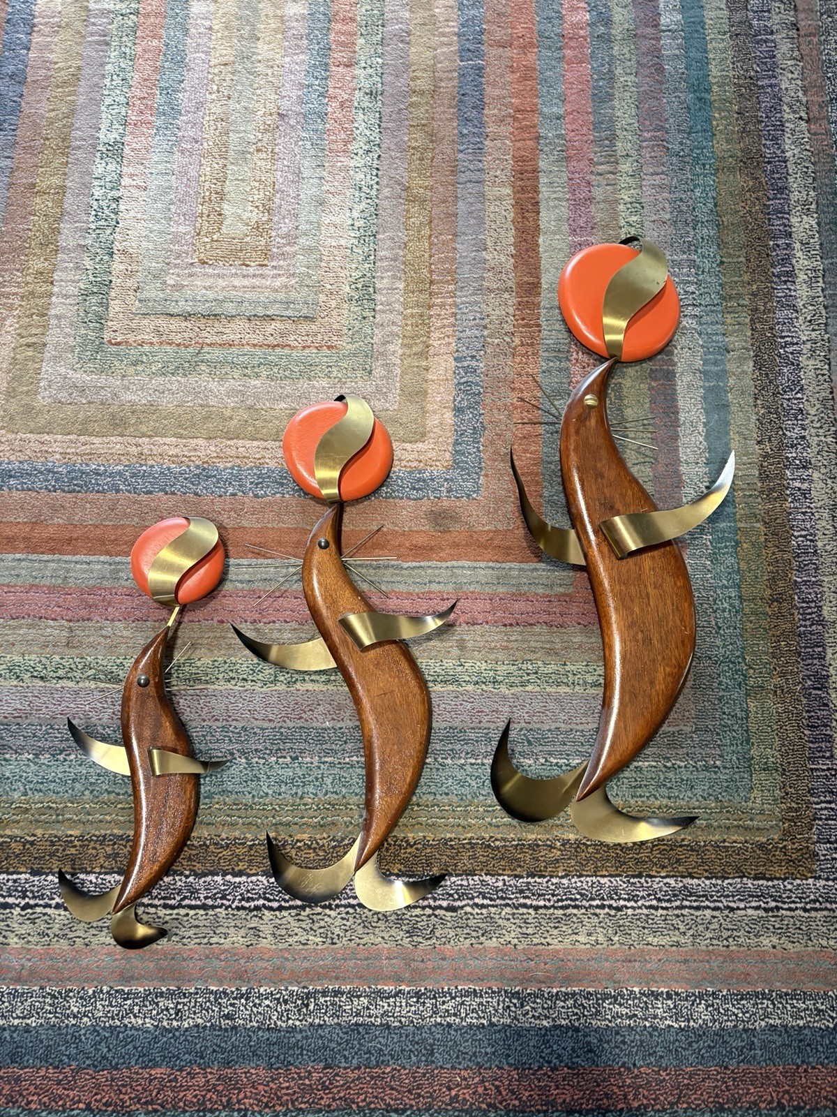 Vintage Brass & Wood Dancing Seals 1960s Set Of Three Wall Hanging Midcentury
