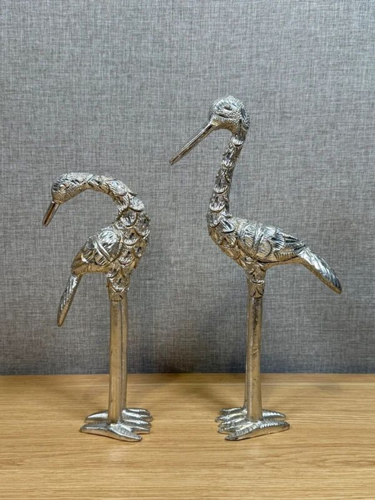 Vintage Silver Crane Stork Heron Metal Figurine Statues Set Hollywood Regency