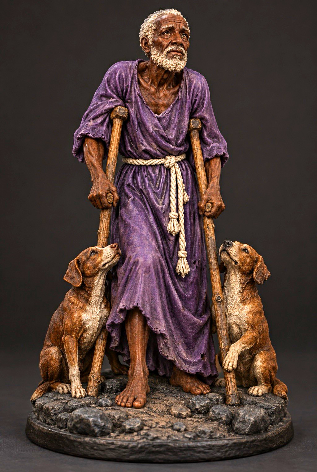San Lazaro Figurine – Elderly Man in Purple Robe w/ Crutches & 2 Dogs 10 in