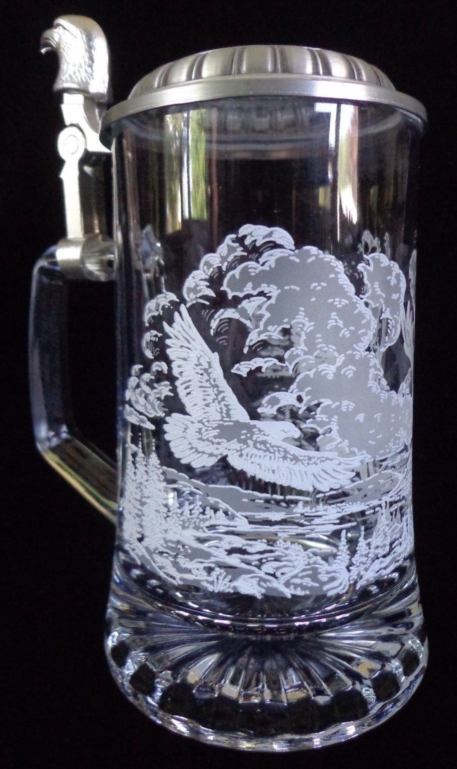 FIYE Etched Glass Eagle Stein w/ Fine Pewter Lid ~ 