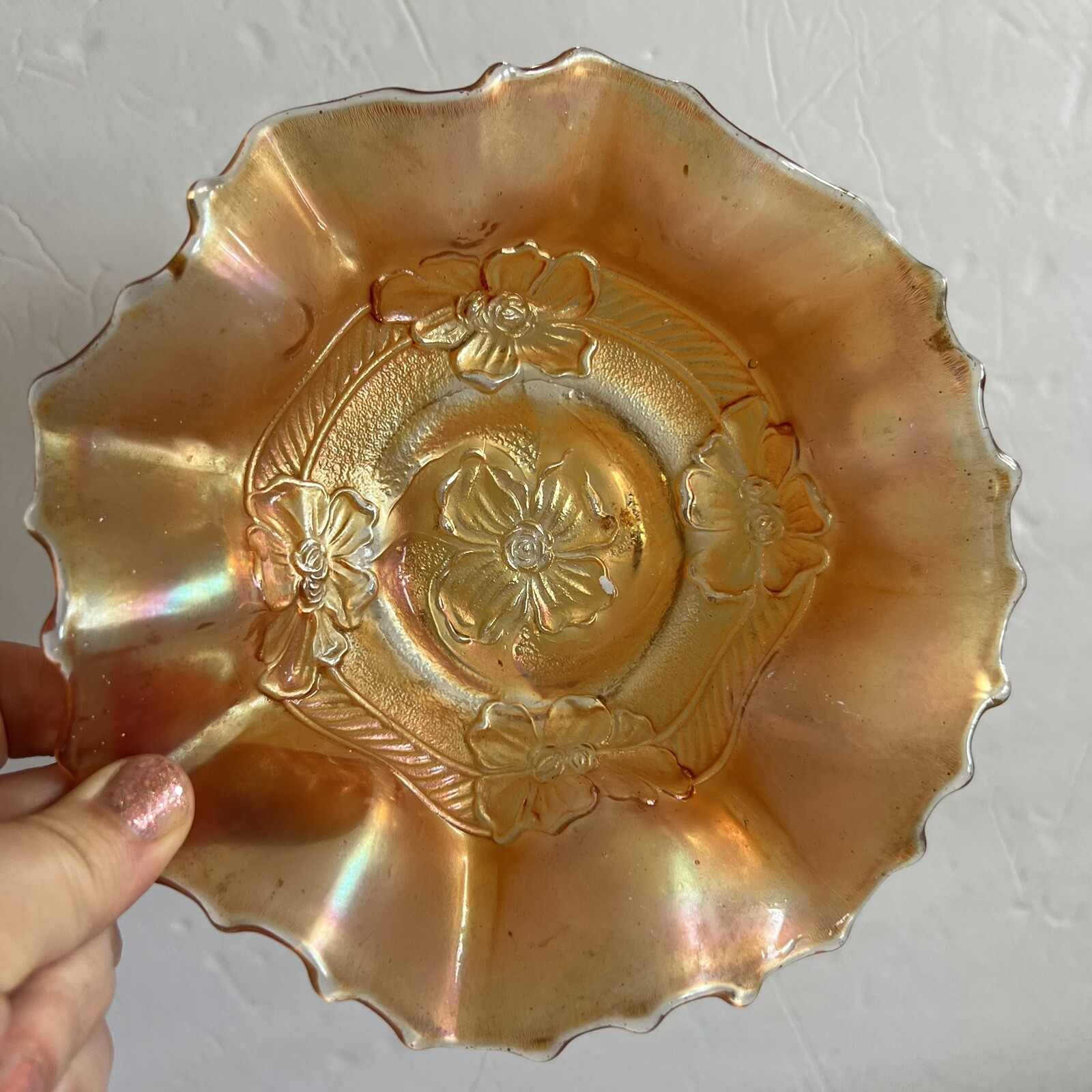 Vintage Iridescent Marigold Dugan Carnival Glass Apple Blossom Ruffle Dish Bowl