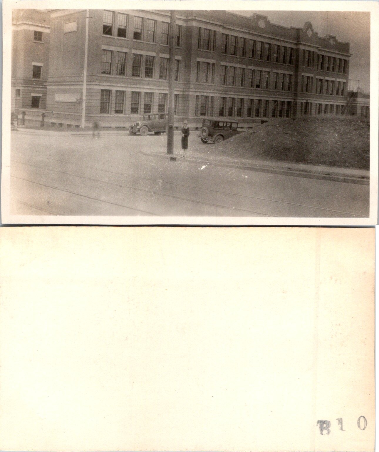 1920s two Cars and Woman in front of large Building B+W Photo S0052