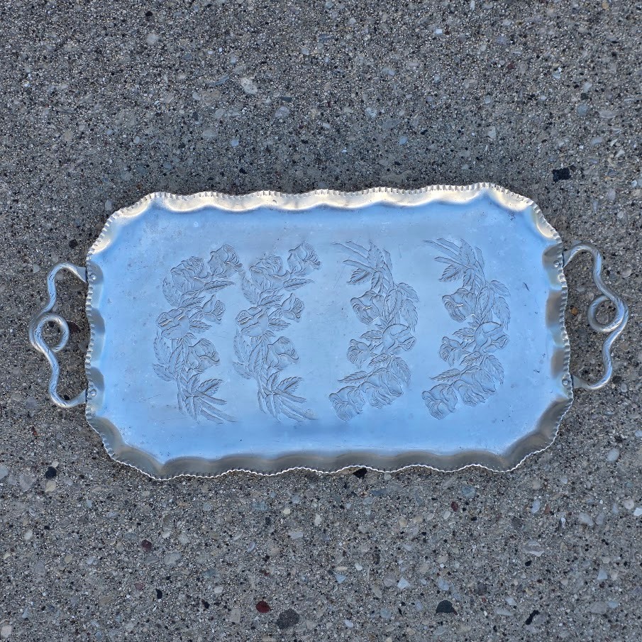 Vintage Aluminum Serving Tray Embossed Rose Floral Scroll Handles 17”