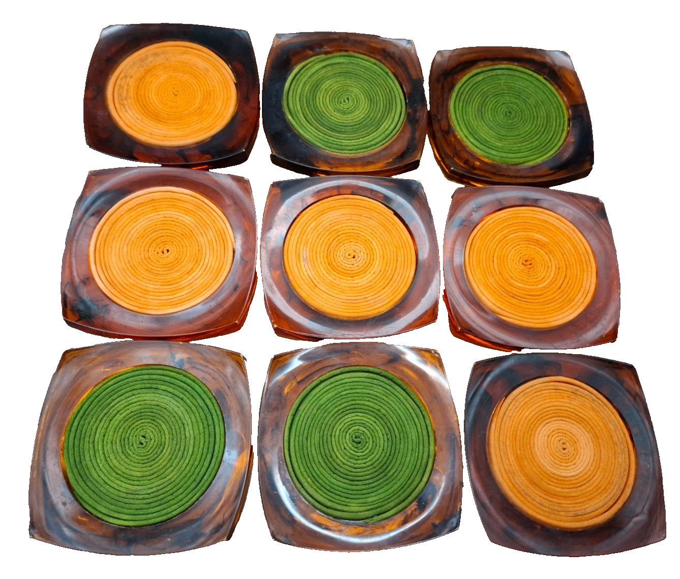 Vtg MCM Lucite Acrylic Coaster Set Faux Tortoise Shell Swirl Set 9 Green Orange Vtg MCM Lucite Acrylic Coaster Set Faux Tortoise Shell Swirl Set 9 Green Orange
