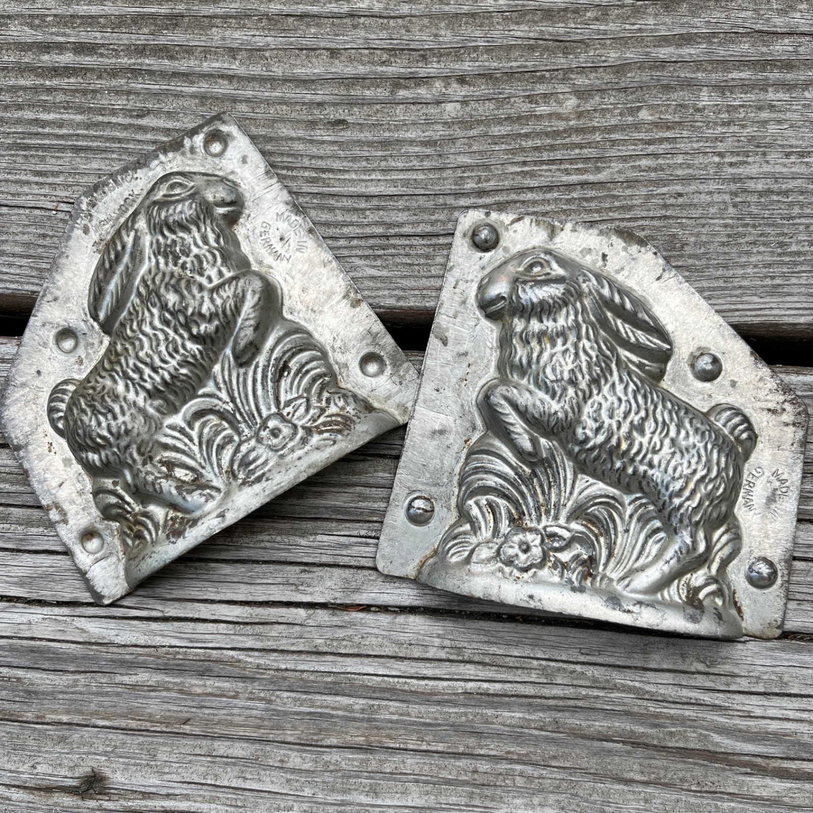 Antique Van Emden German Easter Bunny Jumping Flowers Chocolate Candy Mold, 8467