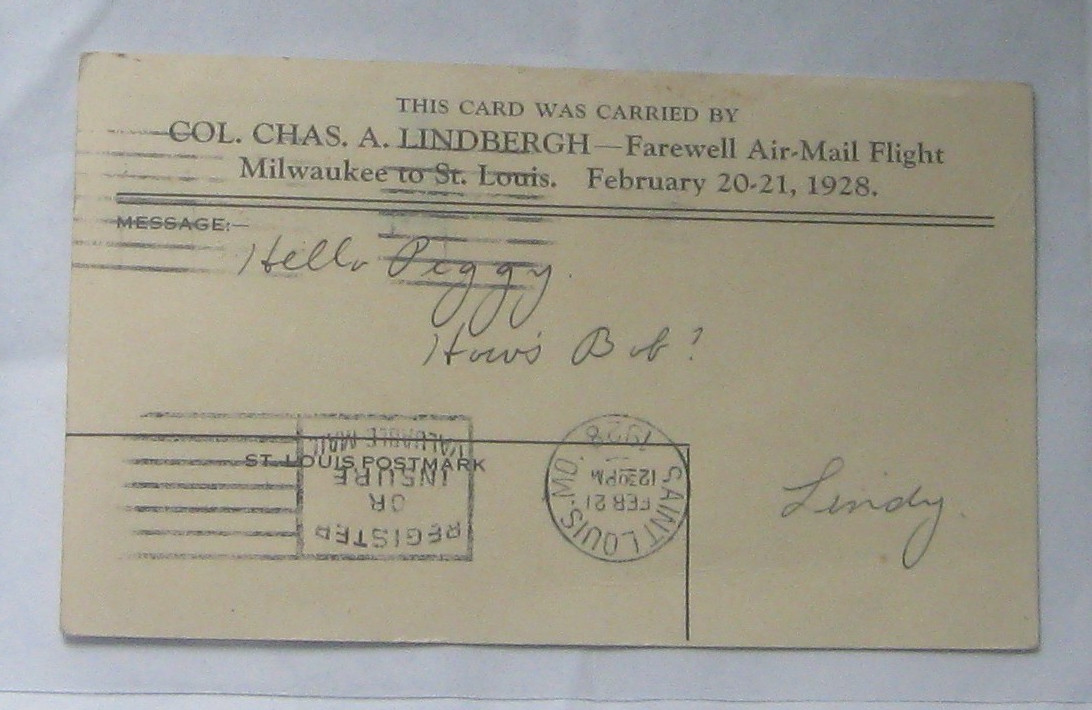Commemorative 1928 AirMail postcard that has rare signature of historic aviator 