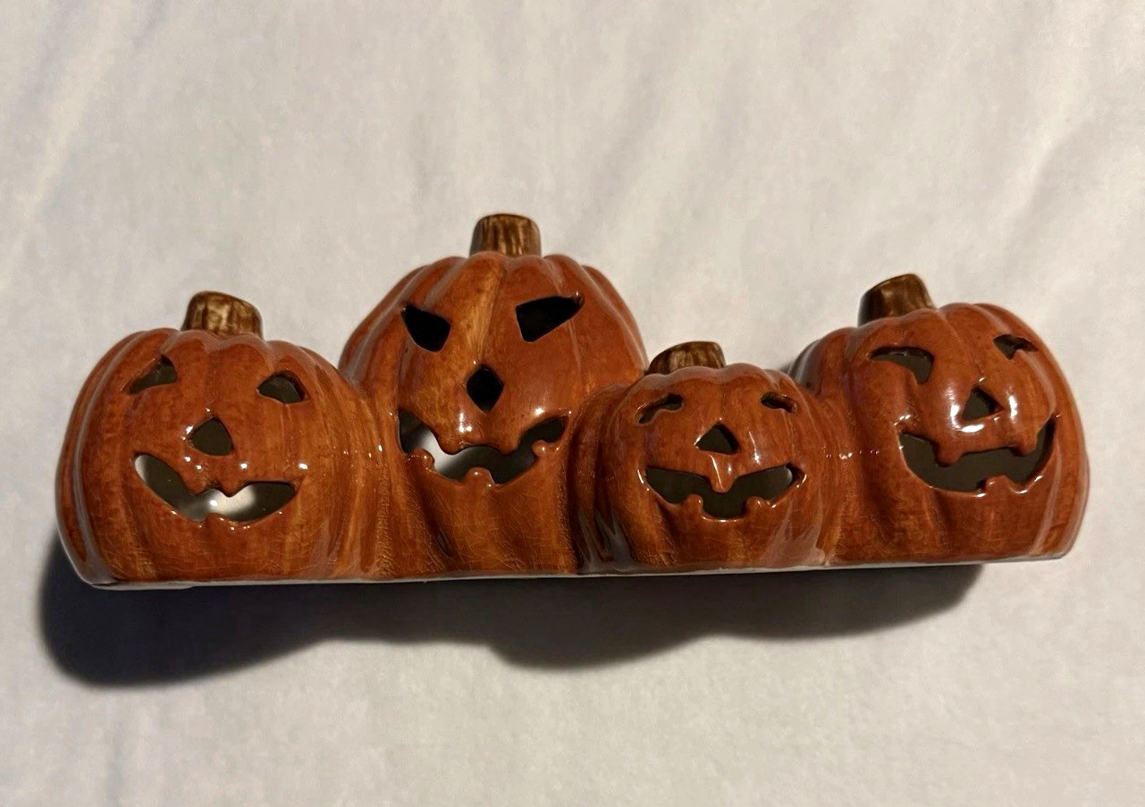 Vintage Russ Berrie Ceramic 4 Pumpkin Jack O Lantern Candle Holder Halloween