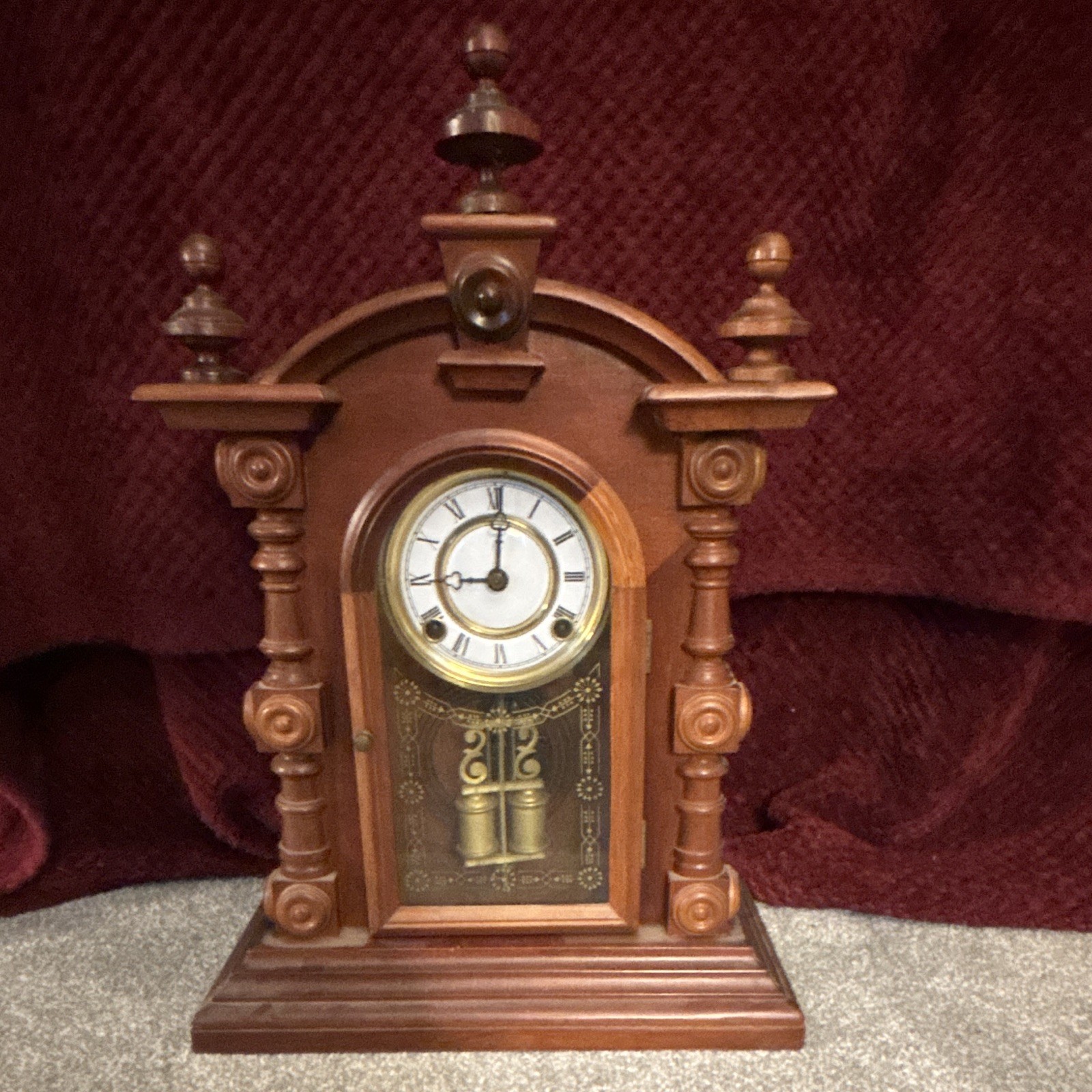 Wood Mantel Clock Brown Glass Front Pendulum Analog Roman Numerals Rectangle