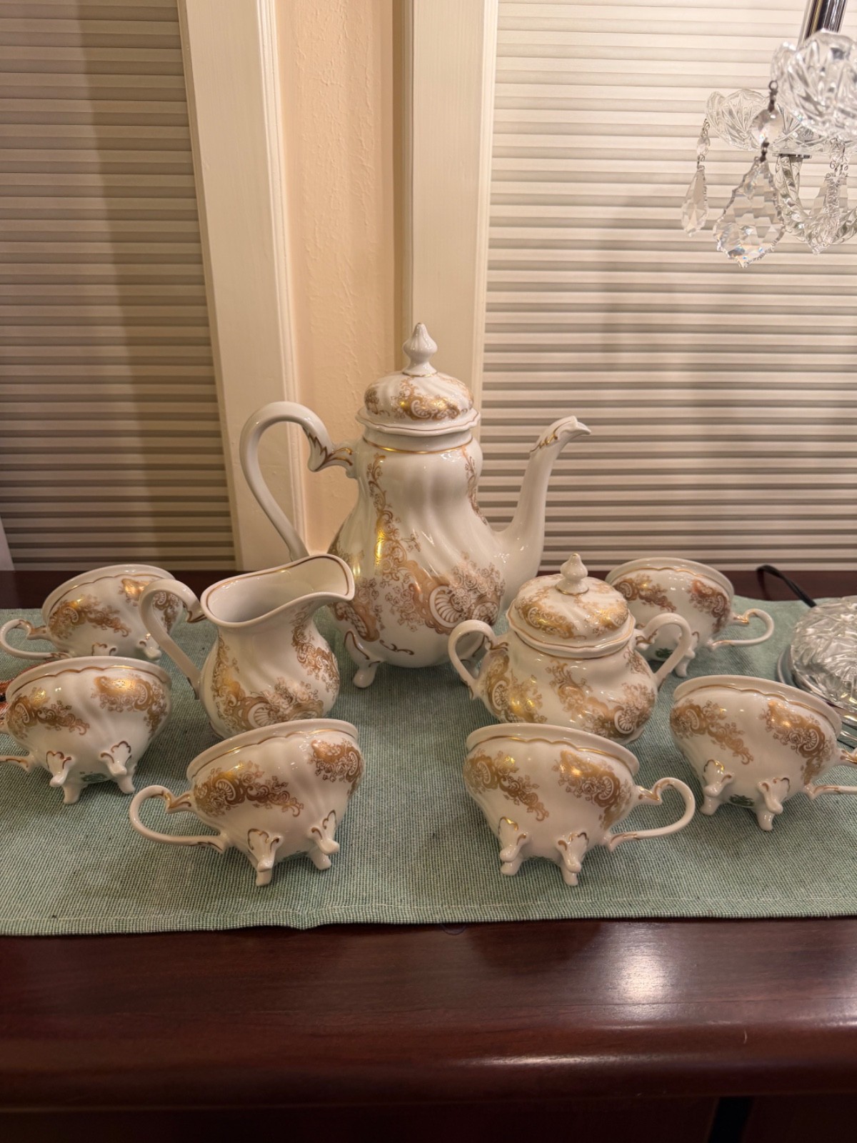 Vintage Weimar Porzellan Katharina Teapot, Creamer, Sugar, 6 Ftd Cups, Germany