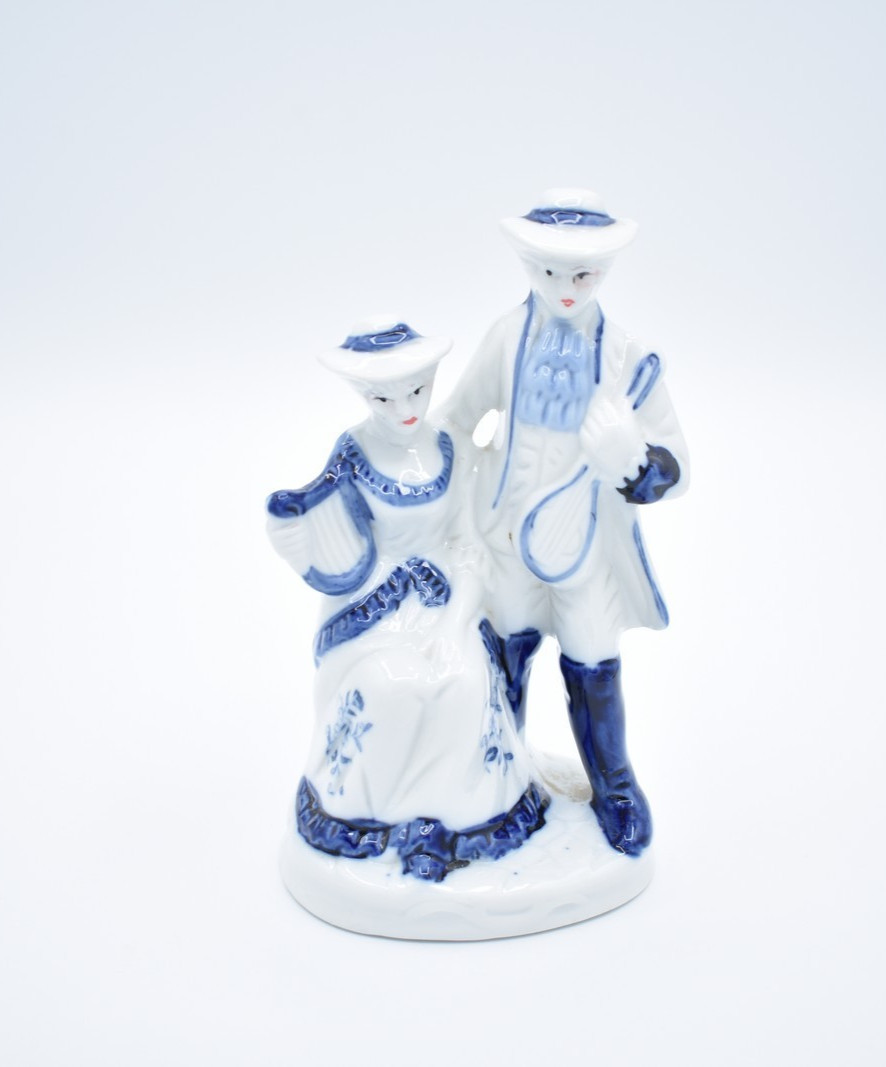 2 Vintage Blue and White Colonial Musical Instruments Couple Figurine Porcelain