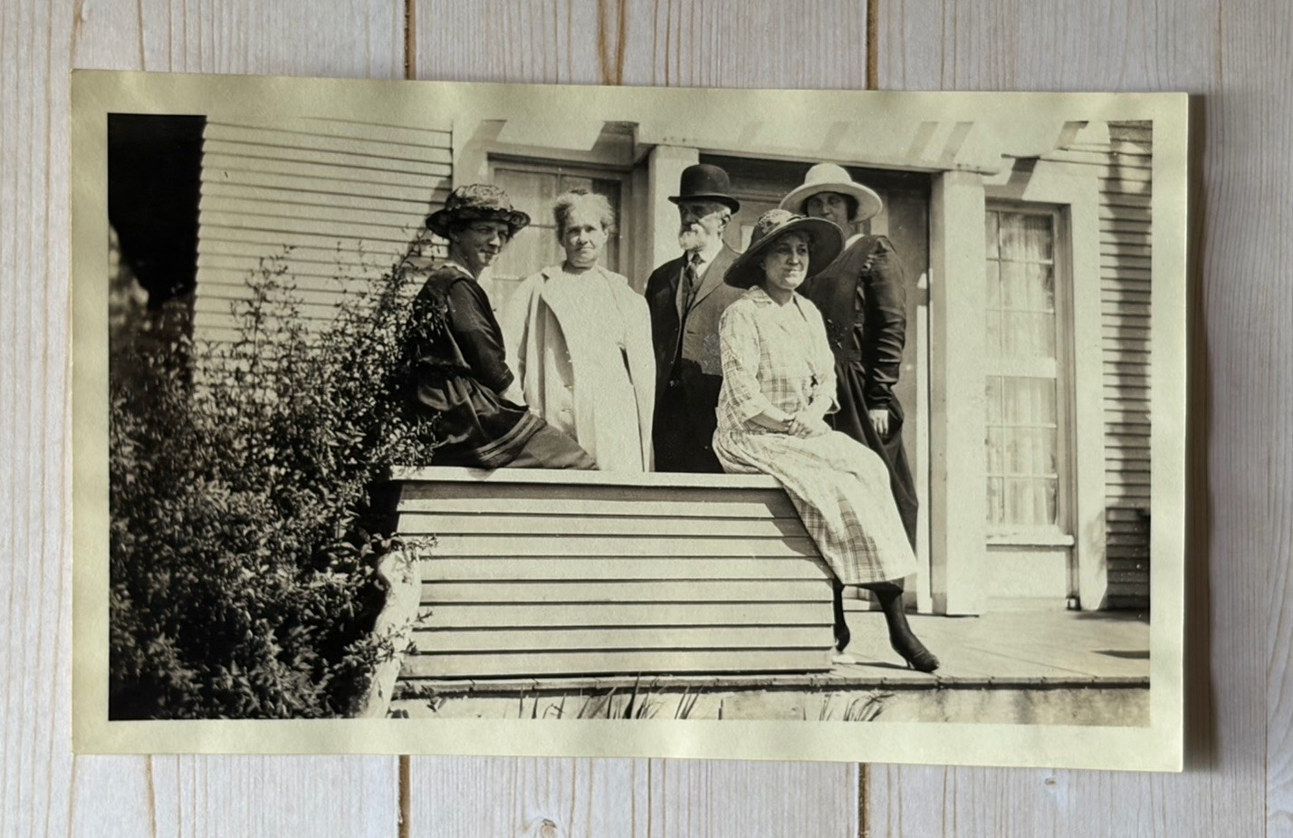 Antique Snapshot Photo Family Posing On Porch Of House Men Women