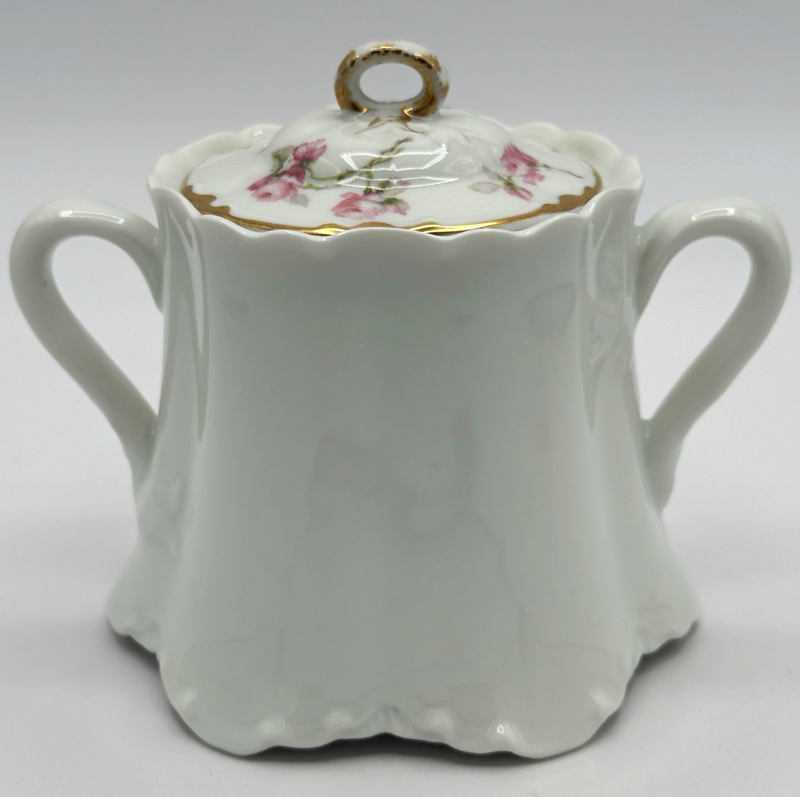 Antique Haviland Limoges France Ranson White Sugar Bowl w/ Pink Rose Gold Lid #9