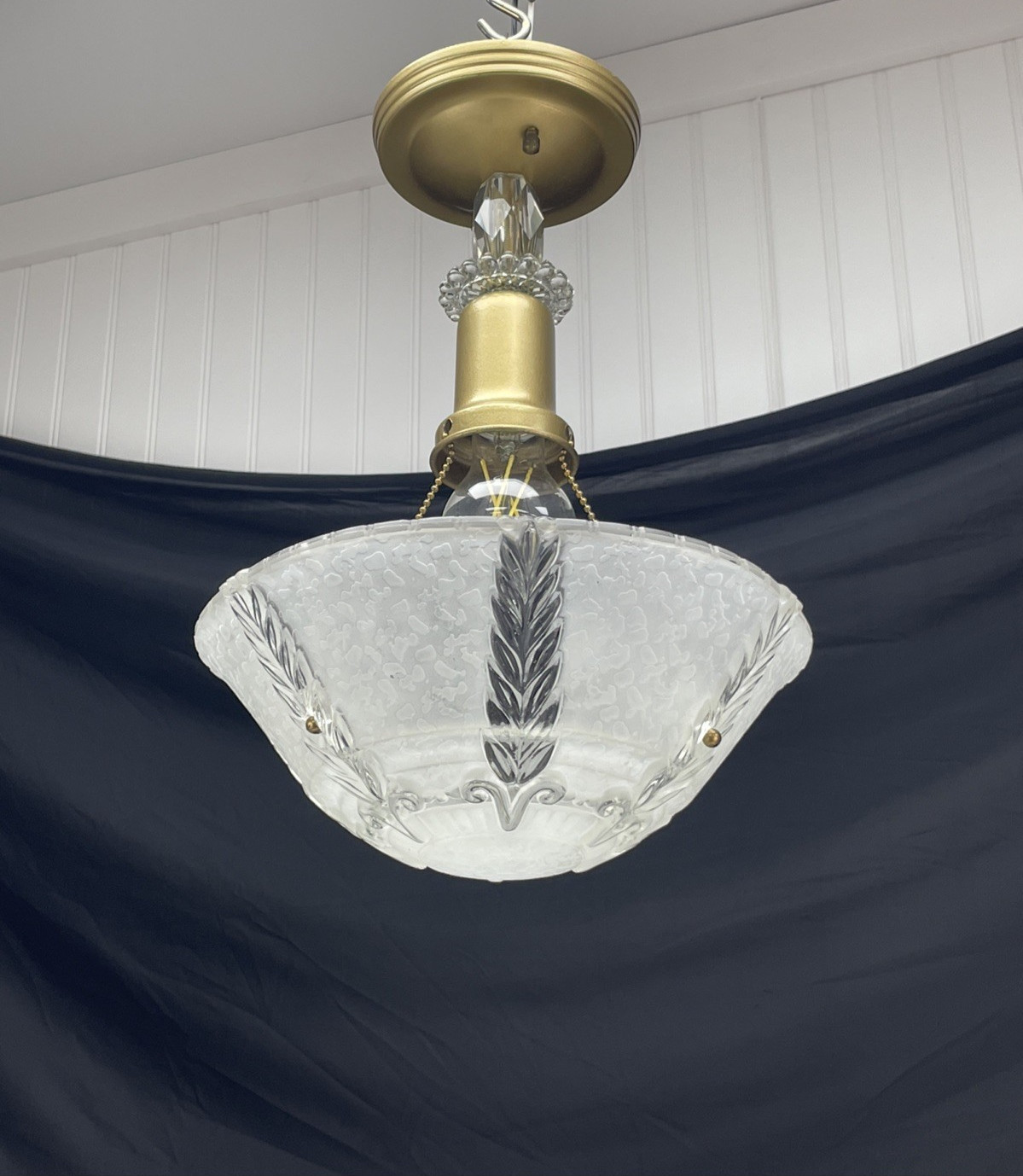 RESTORED Vtg Semi Flush Mount Glass Fixture Art Deco Ceiling Light 1920s 1940s
