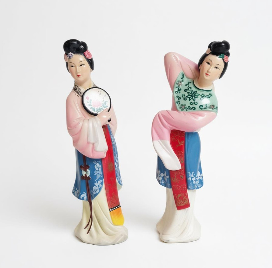 Vintage Chinese Geisha Maidens Figurine Pair Oriental Hand Fan Statues Lot