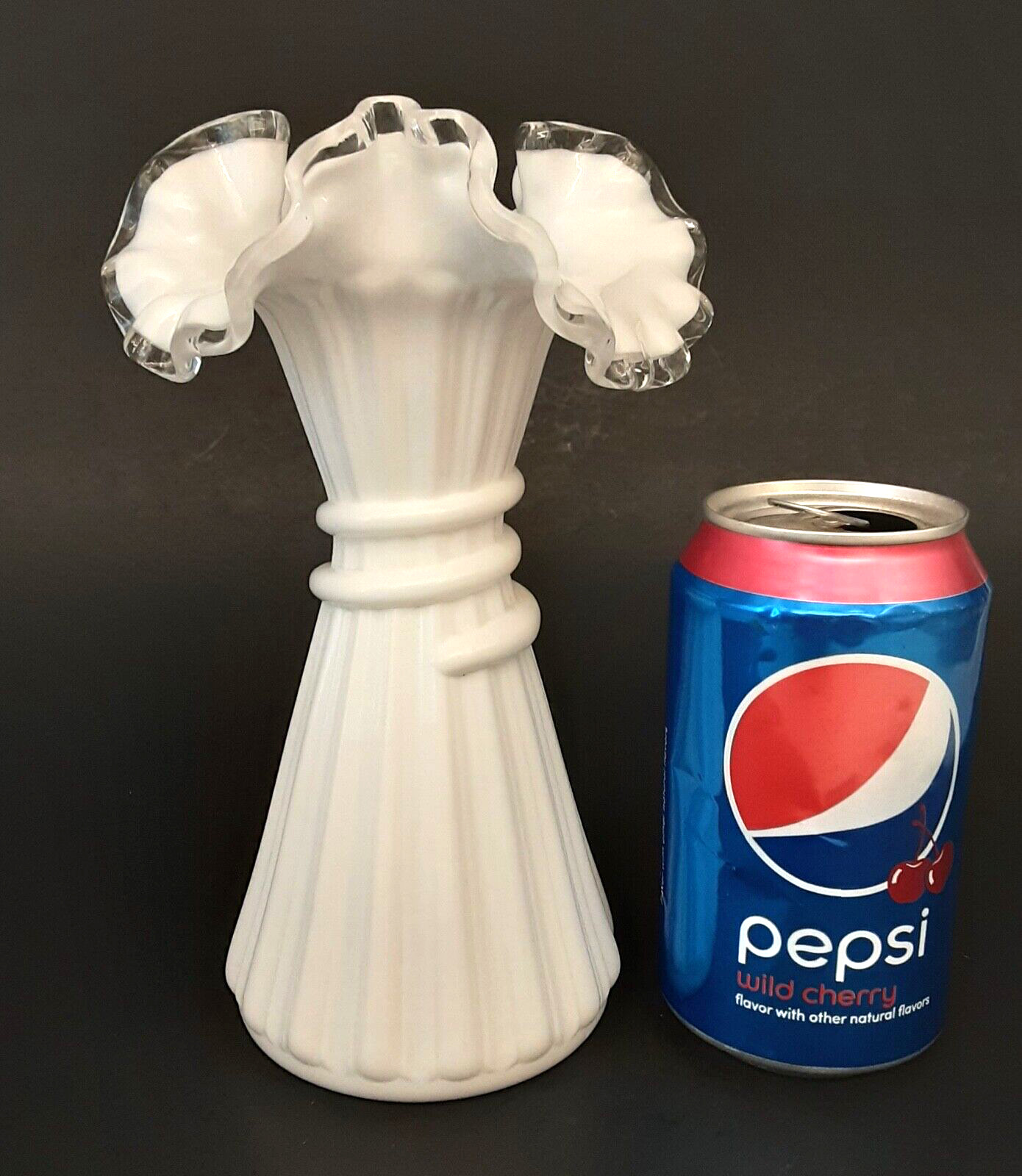 Vintage FENTON Art Glass SILVER CREST Milk White Ruffled Ribbed WHEAT Vase 7.75\