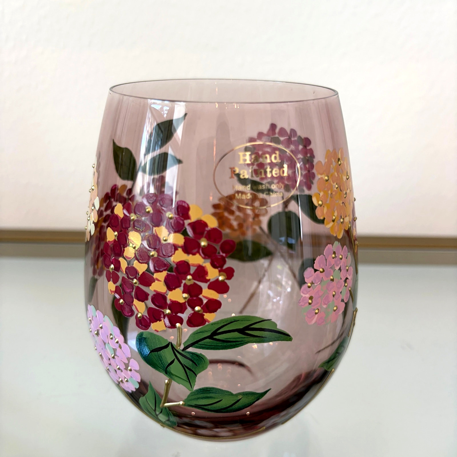 Hand Painted Hydrangea Stemless Wine Glass Chic Fall Floral Barware NEW
