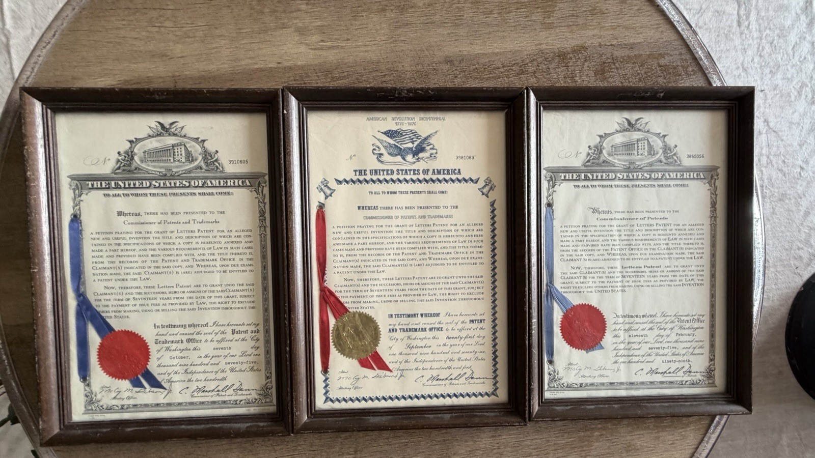Vintage Set of 3 Framed Official U.S. Patent Certificates w/ Seals 1975-1976
