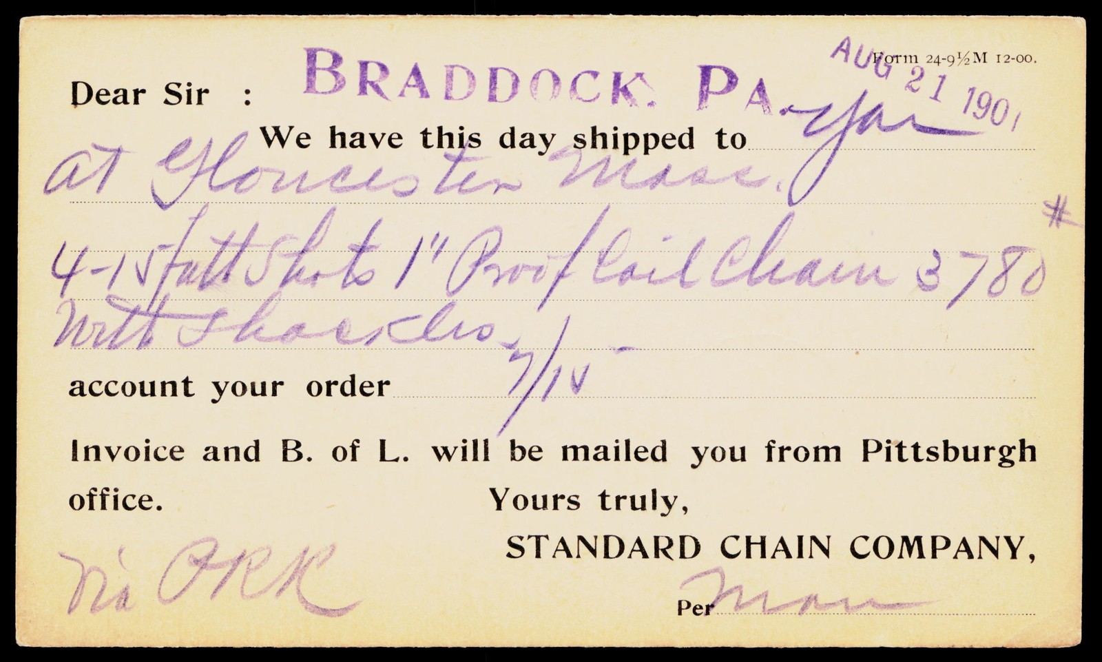 1901 Standard Chain Company Braddock PA Pittsburgh Jefferson 1c Postal Card