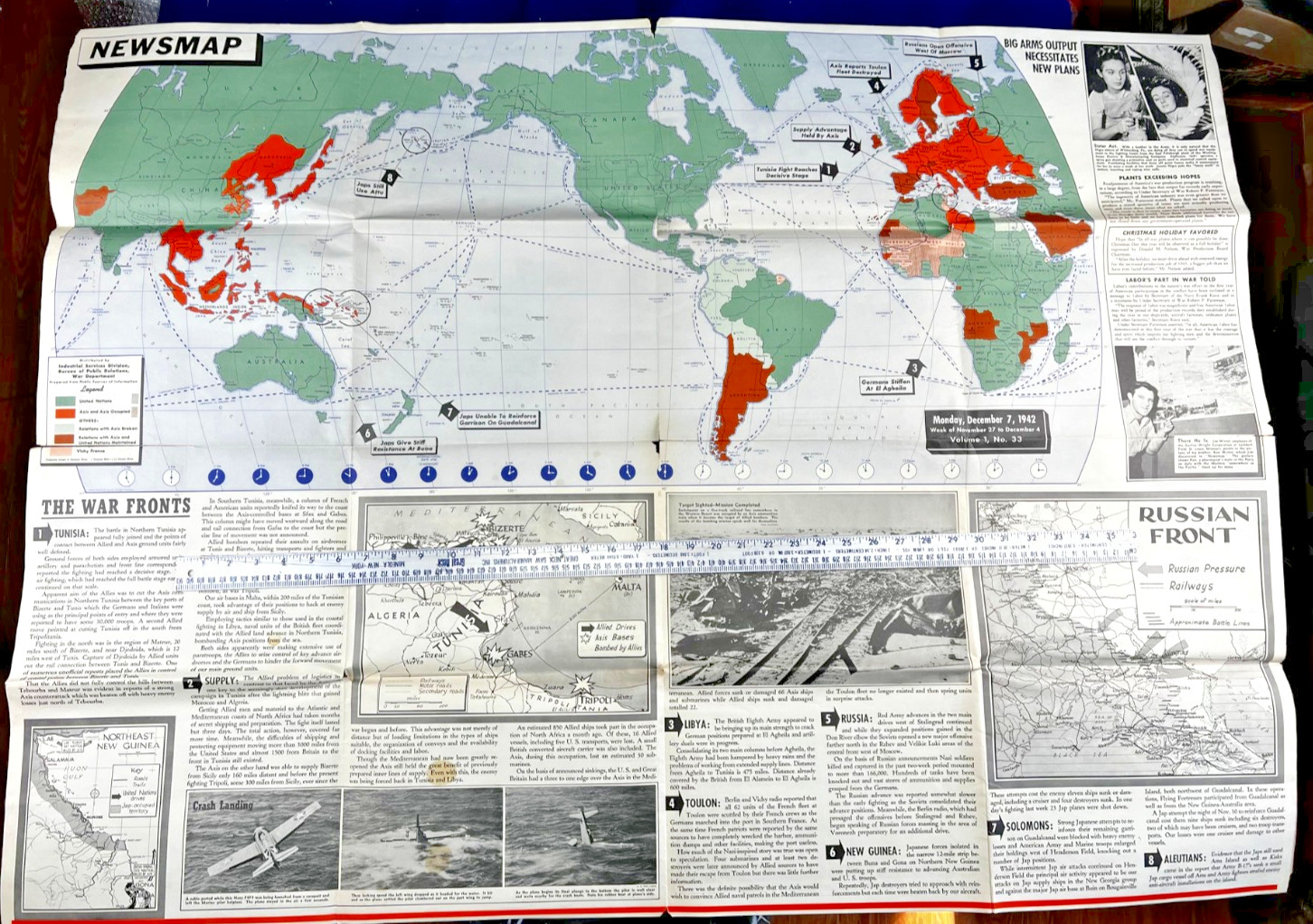 Very Large WWII Newsmap 1942 War Fronts Nazi Europe Pacific Guadalcanal