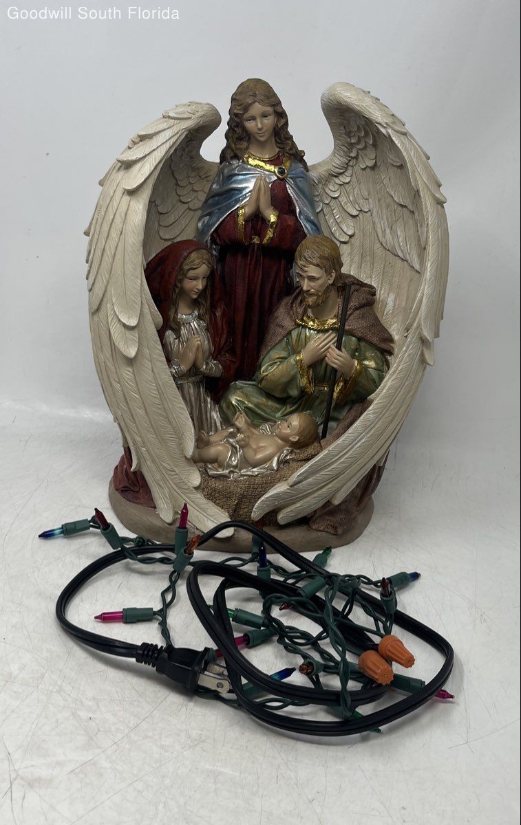 Ceramic Holy Family With Angel Religious Figure Statue w/ String Light No Tested