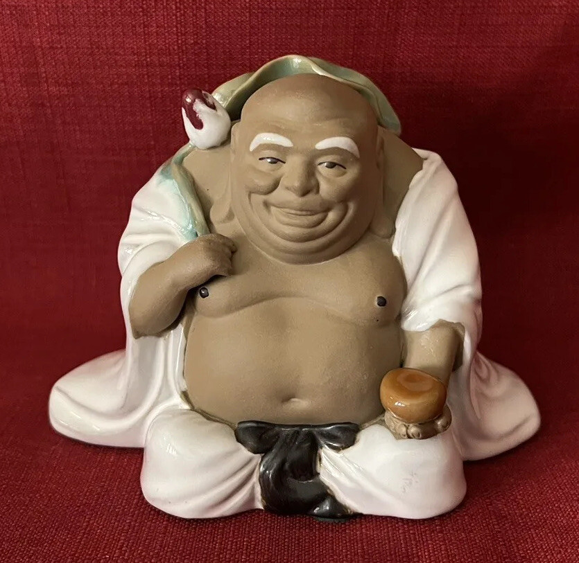 Vintage Happy Buddha With Lotus Flower Wanjiang Mudman Clay Figurine Rare