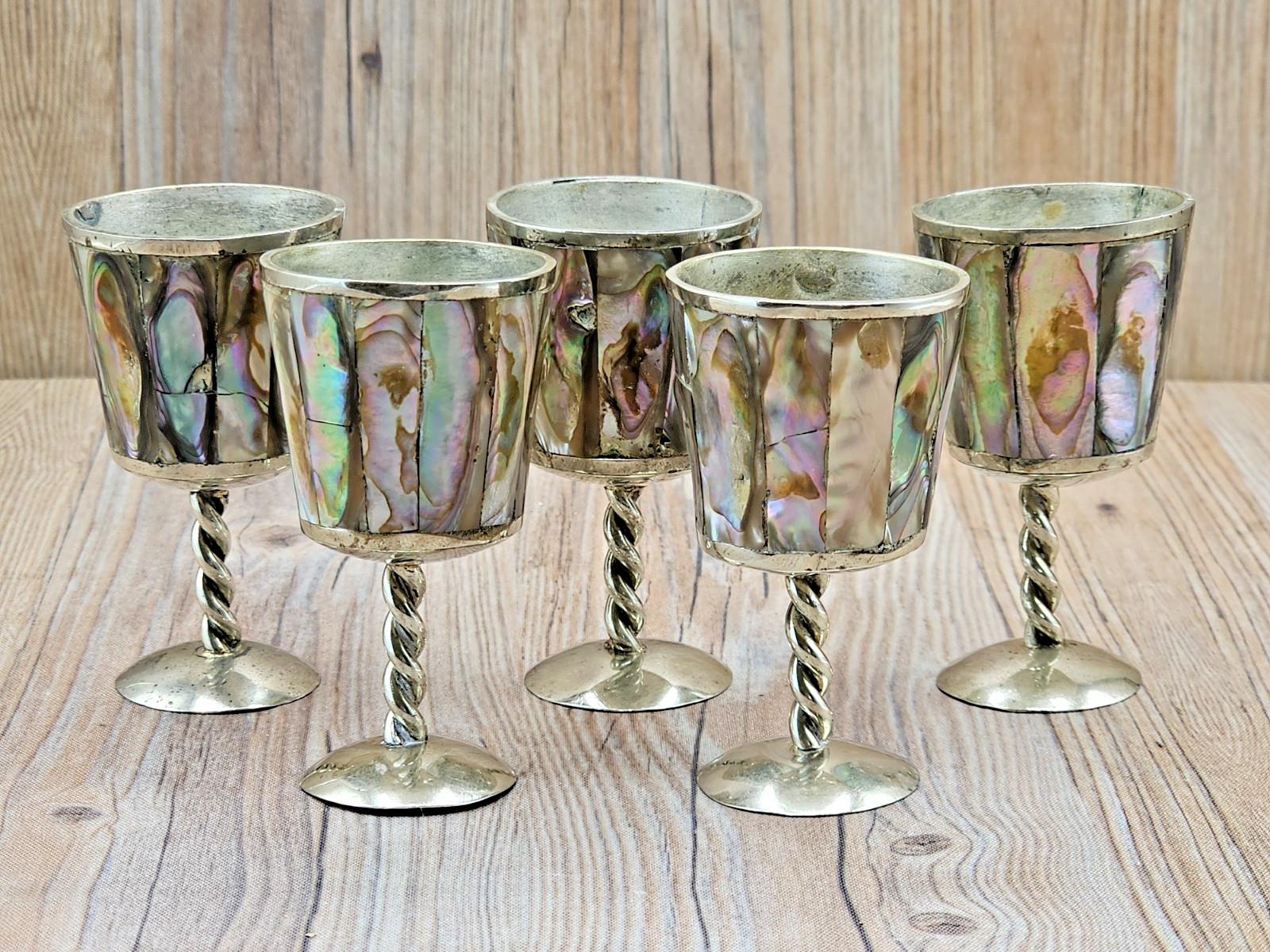 Abalone Inlay Alpaca Silver Mini Cordial Twisted Stems Vintage Cups Lots of Wear