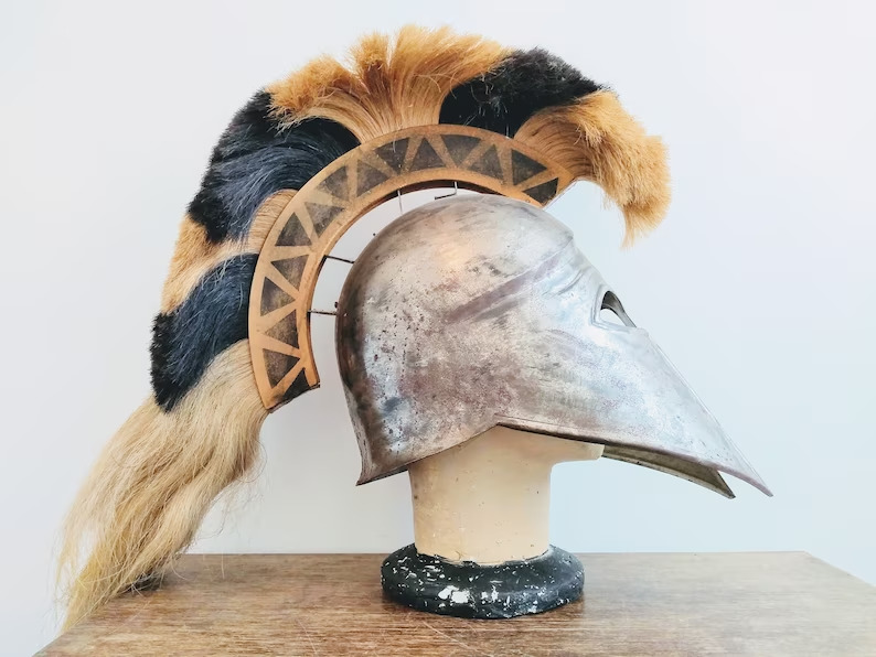 Vintage French Theatre Reproduction Greco-Roman Spartan Helmet Black Brown Crest
