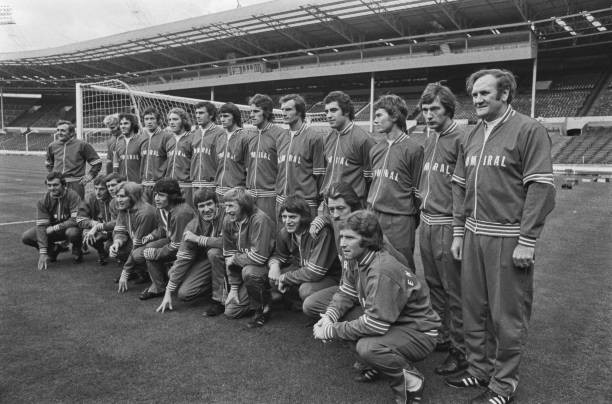 The England team in training at Wembley Stadium in London 1970s OLD PHOTO