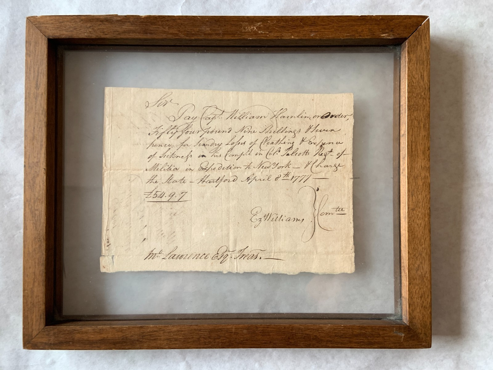 1777 Revolutionary War Financial Document Signed Ezekiel Williams for Cpt Hamlin