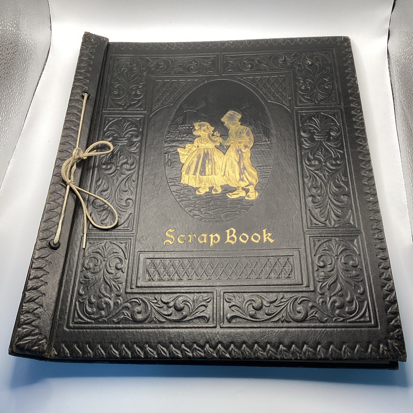 Vintage Early-Mid 1900’s Black Scrapbook W/Dutch Themed Embossed Pattern 14.5 In Vintage Early-Mid 1900’s Black Scrapbook W/Dutch Themed Embossed Pattern 14.5 In