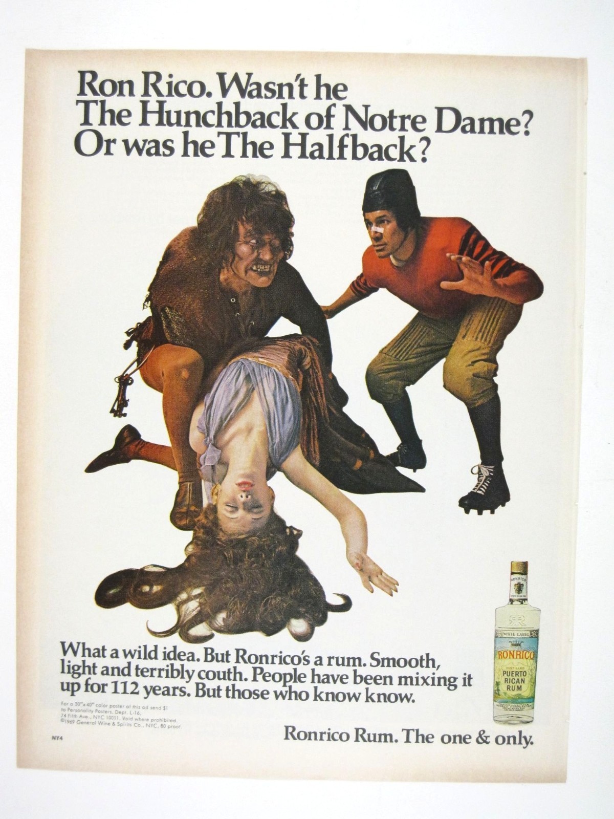 Print Ad Ronrico Rum 1960s Hunchback Halfback Retro Liquor Humor Cocktail MOD