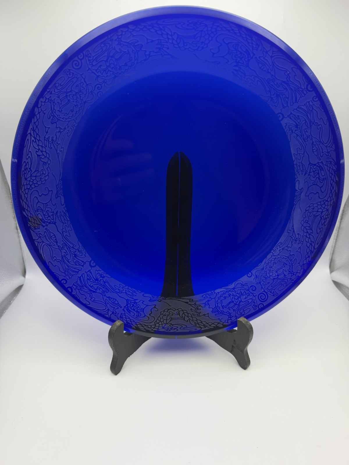 Signed Cobalt Blue Art Glass Charger Plate Dragon Etched 13”