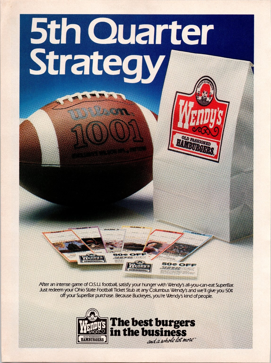 Wendy\'s Ohio State Football 5th Quarter Strategy Magazine Print Ad 1980s