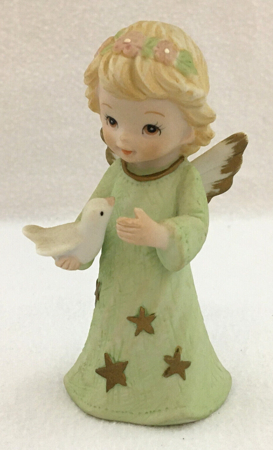 Lefton China Hand Painted Angel Figurine 1987 Green Dress Holding Dove 06365
