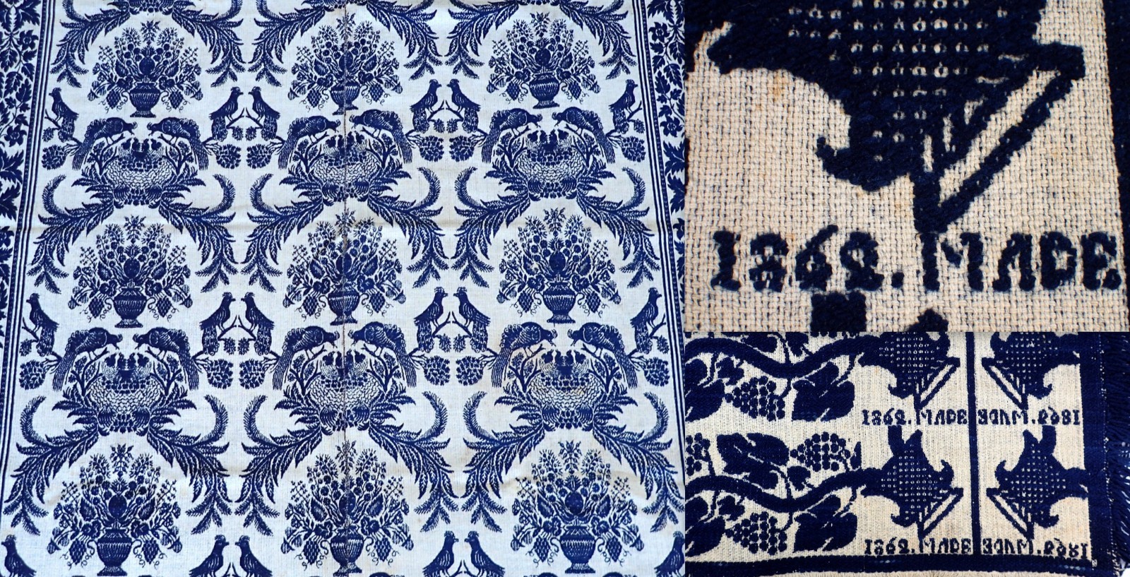 Antique 1862 American Reversible Blue Bird Nest Jacquard Loomed Woolen Coverlet