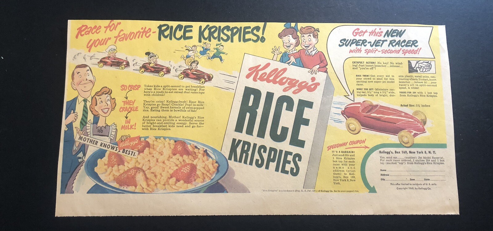 1949 Rice Krispies Cereal Super Jet Racer Toy Rare Newspaper Comic Ad 0C24