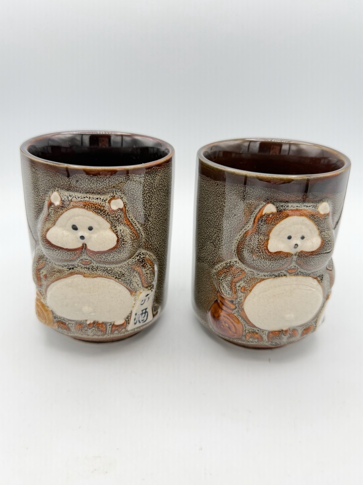 Vtg Japanese Tanuki Tea Cups Set of 2 Raccoon Dog Yunomi Made in Japan