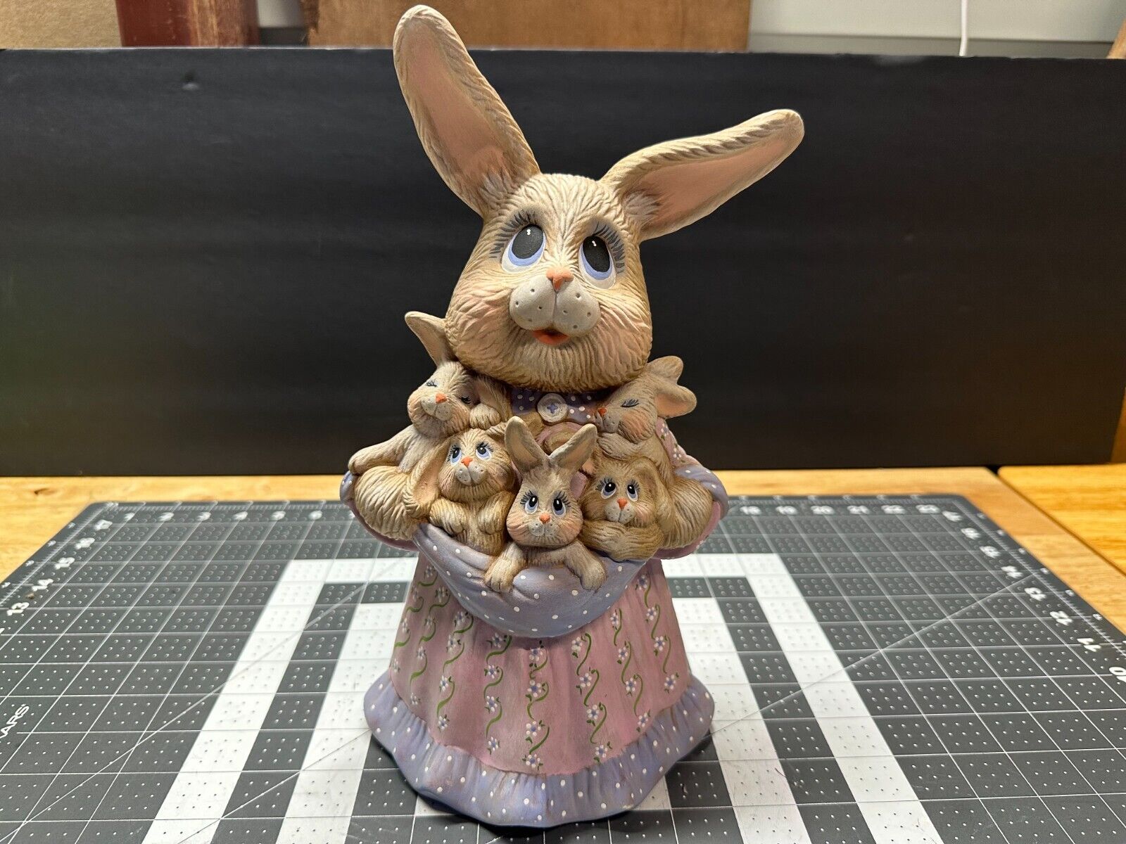 Vintage Mother Rabbit Bunnies Figurine Ceramic Painted Ribbons Spring Easter