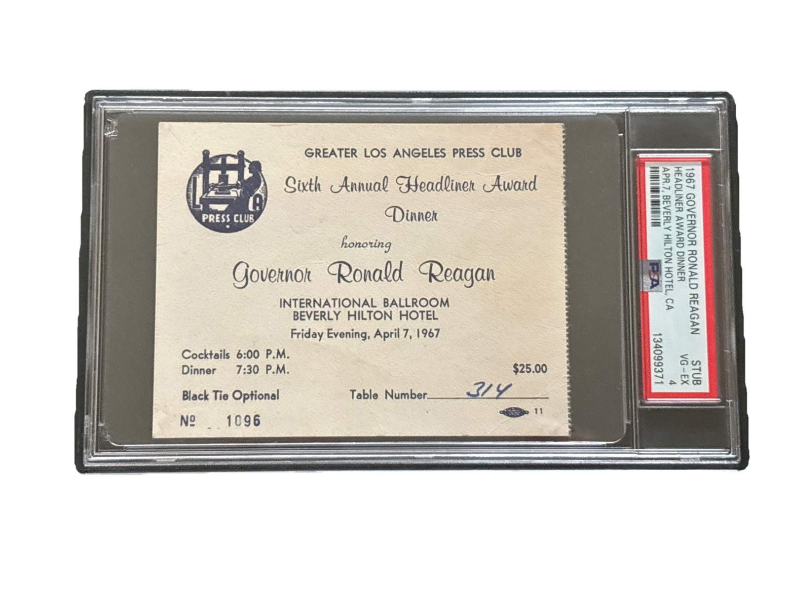 1967 Governor Ronald Reagan Los Angeles Press Club Headliner Dinner Ticket PSA