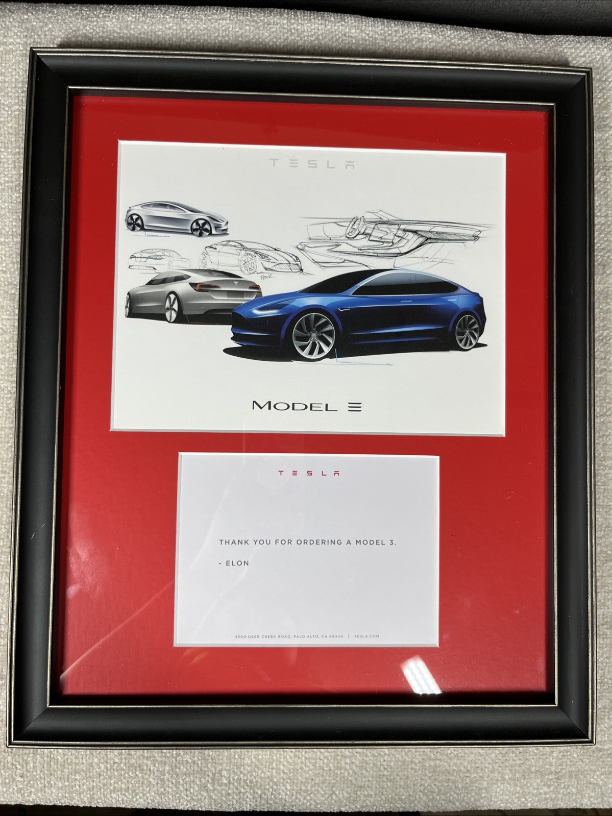 Tesla Model 3 Artwork and Preorder Thank You Letter From Elon Musk Matted Framed