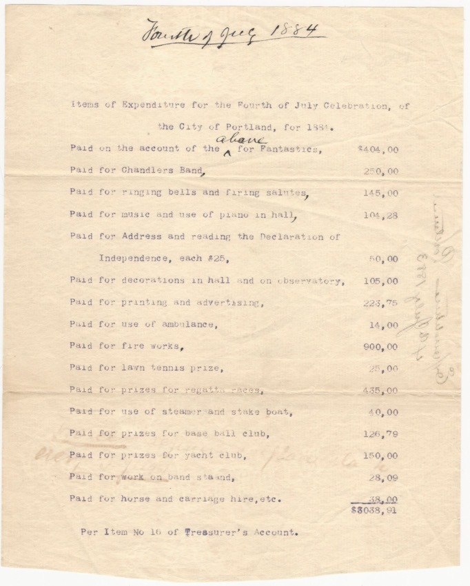 Fourth of July 1884 Holiday Portland Maine Celebration Expenses Costs Listing