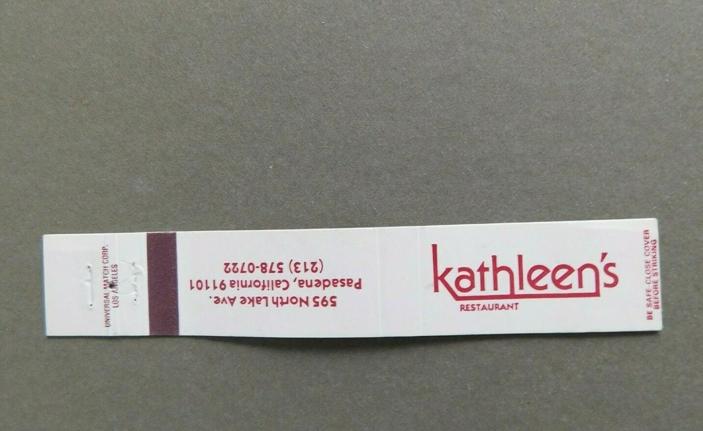 Matchbook cover - Kathleen\'s Restaurant - N Lake Ave, Pasadena, California, CA